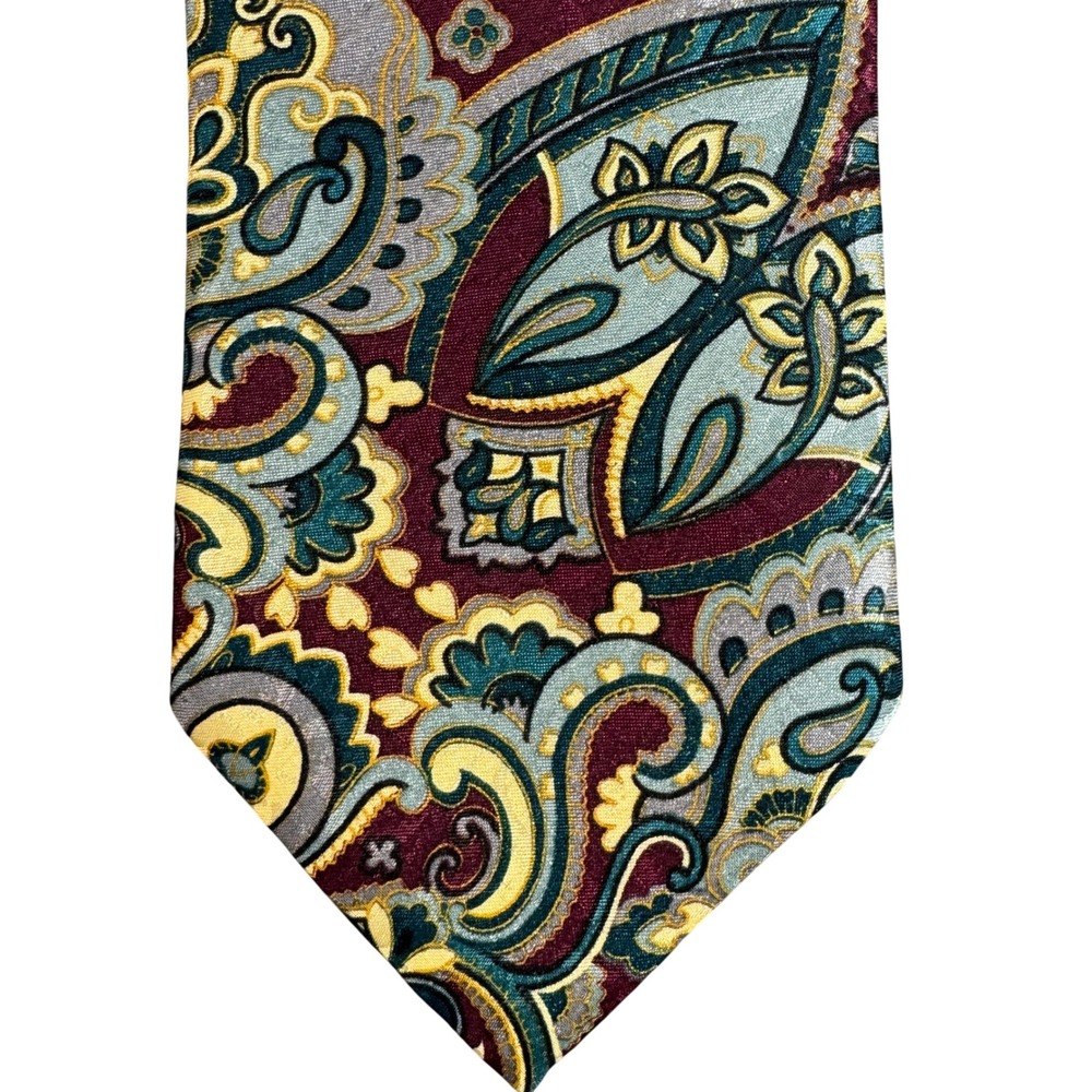 Hathaway Mens Paisley Necktie Burgundy Gold Teal Printed Polyester Made in USA